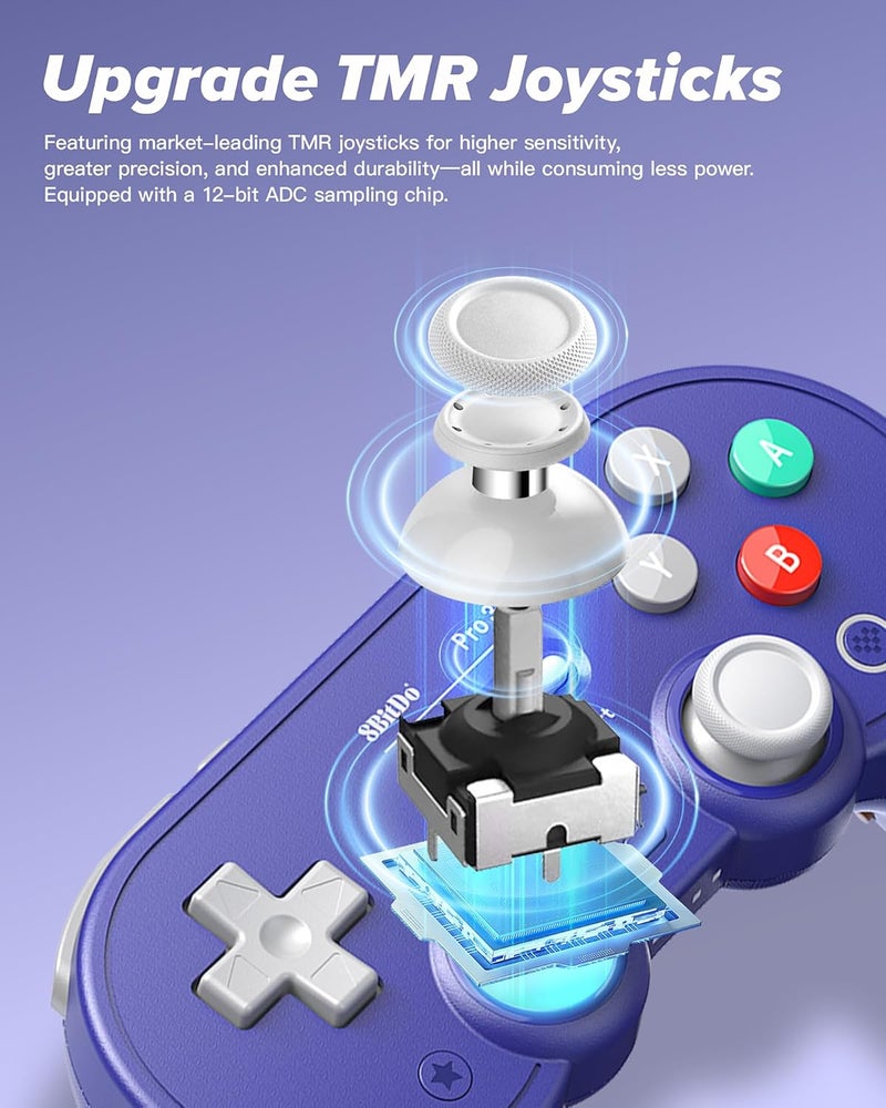 8Bitdo وحدة تحكم بلوتوث برو 3 مع عصي تحكم TMR، أزرار ABXY قابلة للتبديل، أزرار خلفية برو، قاعدة شحن، مشغلات تأثير هول لجهاز سويتش/سويتش 2، ويندوز، أبل، ستيم أو إس، أندرويد (أرجواني) - Image 2